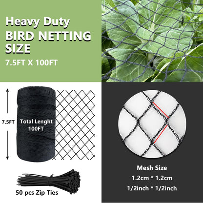 Bird Netting for Garden 7.5 x 100 FT Heavy Duty Black Garden Netting for Fruit Trees, Chicken Coop, Pond, Blueberry Bushes, Poultry & Deer Netting, HDPE Plant Protection Net Fence with Ties