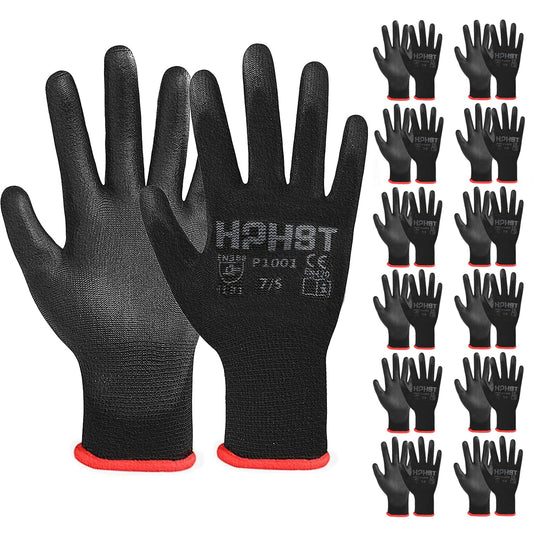 HPHST PU Coated Safety Work Gloves, 12 Pairs, Black, X-Large