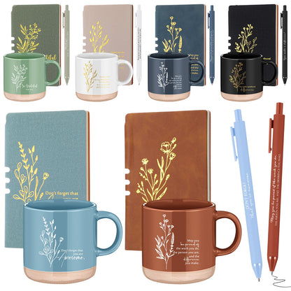 Didaey 6 Sets Employee Appreciation Gifts Set 13oz Boho Floral Ceramics Coffee Mugs with A6 Leather Notebooks Ballpoint Pens Bulk Office Thank You Gift for Coworkers Staff Team Nurse