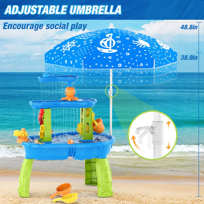 HYES Water Table for Toddlers 3-5, 3-Tier Kids Splash Sand Table Water Toys with Umbrella, Rain Showers Splash Pond for Outdoor Beach Backyard Summer, Activity Sensory Playset for Boys Girls, Blue