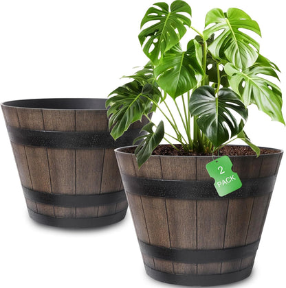 WEICHENGXING Large Plant Pots, 20 Inch 2 Pack Plastic Whiskey Barrel Planters, Big Flower Pots Wine Barrel Design for Outdoor Indoor, Garden, Porch, Patio, Backyard