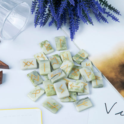 Crocon Serpentine Rectangle Shape Gemstone Runes with Elder Futhark Alphabet Engraved 25 pcs Rune Set Crystal Divination Metaphysical Healing Chakra Reiki Runes Set with a Pouch Size : 20-25mm