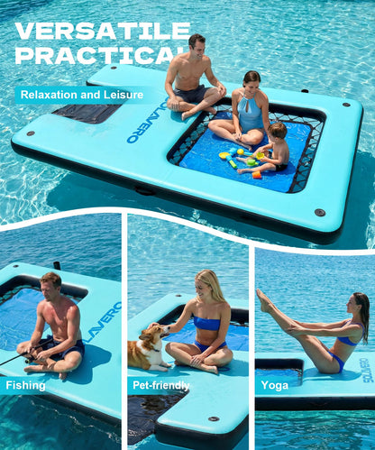 SOLAVERO 10x6ft Inflatable Floating Dock with Water Ramp, Heavy Duty Floating Platform for Adults & Dogs, Non-Slip Lake Float with Mesh Hammock, Cup Holders for Pool, Lake, Boat, Party