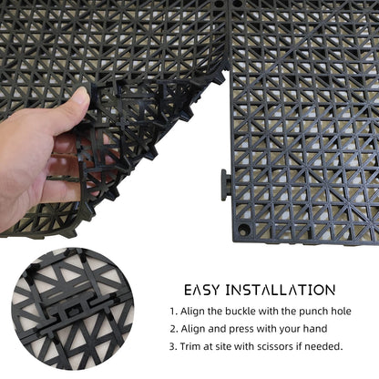 Jaderlu 12 Pack Modular Interlocking Cushion 11.6" x 11.6" Rubber Mat Floor Tile Mats Drain Pool Patio Balcony Yard Pet Area Washer Pad(Black)