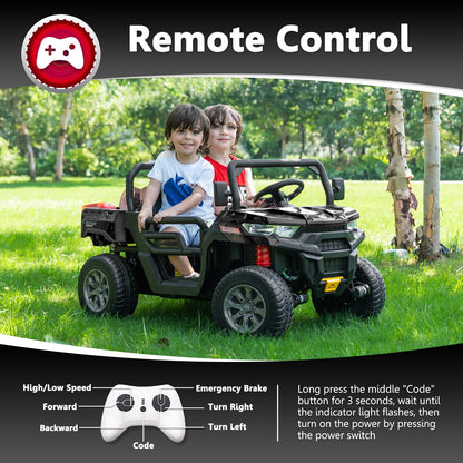 Sopbost 2 Seater 24V Ride On Toys for Big Kids with Electric Dump Bed 4WD Battery Powered Cars for Kids with Remote Control, Ride On Car with EVA Tires Wheels, Shovel, Music, Black