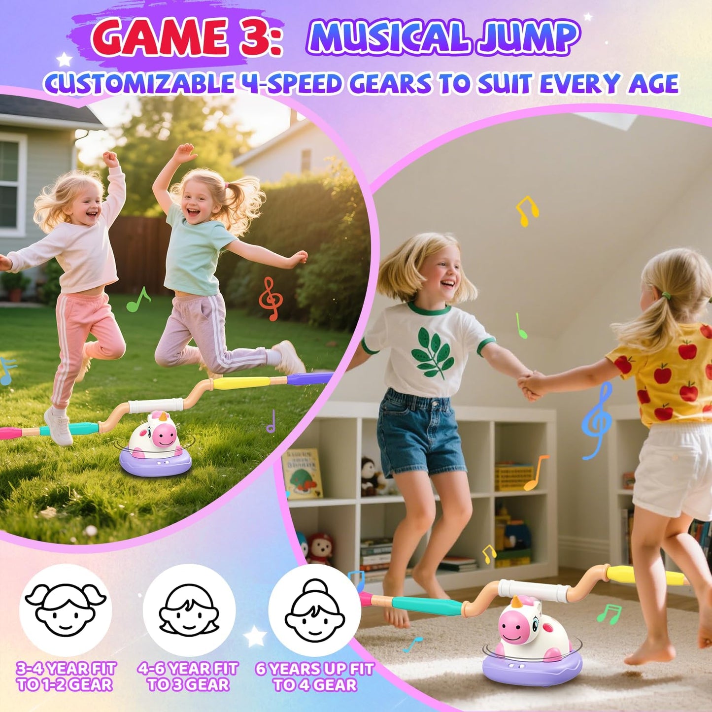 3 in 1 Unicorn Rocket Launcher, Ring Toss & Musical Jump, Outdoor Jumping Spinning Toy for Kids Ages 3-8, Indoor Active Play Set for Boys Girls, STEM Learning Birthday Gift for 3 4 5 6 7 8 Years Old