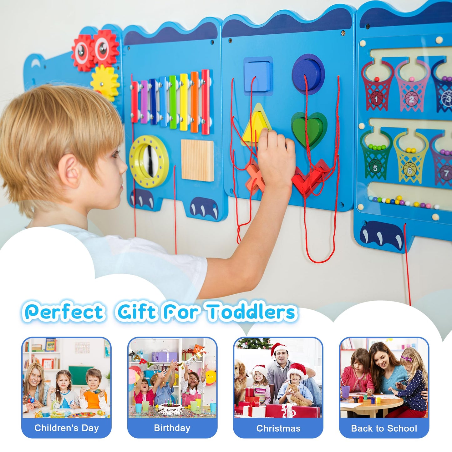 Spacocld Crocodile Sensory Toys Activity Wall Panels - Montessori Busy Board, Toddler Learning Panel, Wall-Mounted Playroom/Daycare Educational Toys, Interactive Wooden Gift for Kids 3-6, Blue