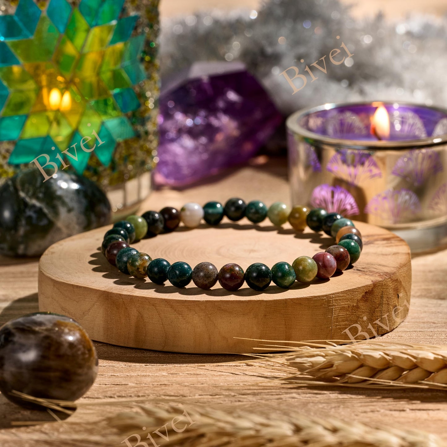 Bivei India Agate - Stability - 6mm Beaded Bracelets for Women Handmade Semi Precious Natural Stone Stretch Elastic Jewelry for Women Yoga Protection Gifts