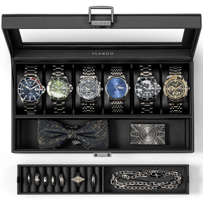 Vlando 6-Slot Watch Case for Men, Watch Box with Glass Lid, Storage for Rings, Keys, Business Textured Leather Organizer Display Case, Soft Pillow, Gifts for Fathers, Dad, Husband - Black