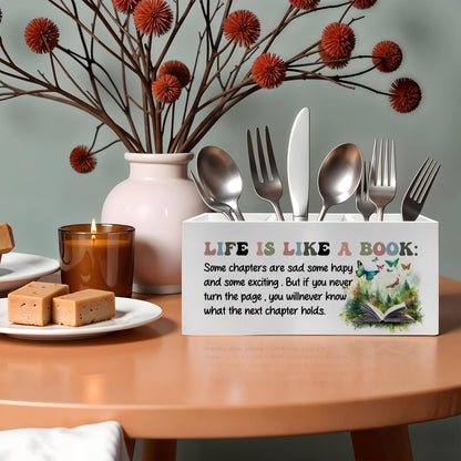 FITIE Inspirational Pencil Pen Holder for Desk, Life Is Like A Book Wooden Pencil Holder Organizer for Home Office Library Desk Accessories, Encouragement Gifts for Women