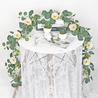 TOCHGREEN 2 Pack 13Ft Artificial Eucalyptus Flower Garland with White Roses, Fake Rose Flower Greenery Garland Floral Vines for Wedding Home Party Table Runner Decor (2PCS, White)