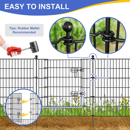 5 Panels No Dig Decorative Garden Fence with Gate, 40 in(H) X 11.8 ft(L) Outdoor Dog Rabbits Fence, Animal Barrier Pet Fencing Rustproof Metal Wire Panel Border for Yard, Patio, Flower Bed