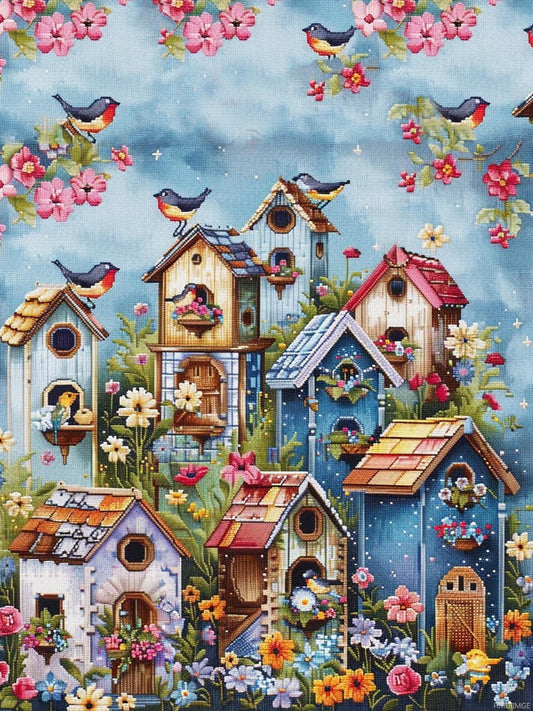 HMDIIMGE Colorful Birdhouses DIY 5D Diamond Paint Kits for Adults Round Full Drill Diamond Art Painting Easy for Beginner Gems Cross Stitch Mosaic Craft for Home Decor 12x16 inch