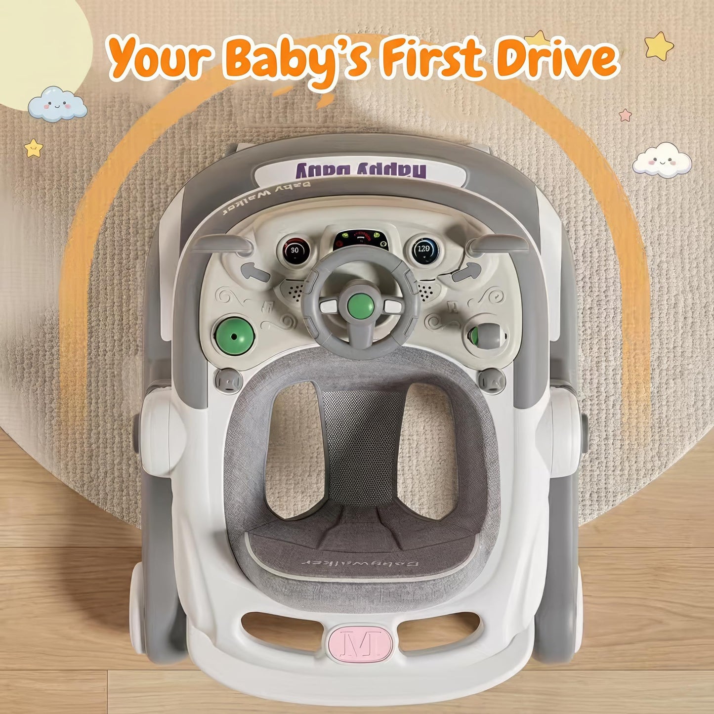 3-in-1 Foldable Baby Walker - Music Car-Themed Walker with Wheels and Bouncing Foot Mat, Push-Behind Walker, Baby Walker with Sheds Design for Outdoor, for Infant Boys & Girls 6-18 Months (Grey)
