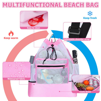 Pink Mesh Beach Drawstring Backpack with Cooler Beach Bags Sandproof Swim Bags Leakproof with Zipper for Seaside Pool Travel