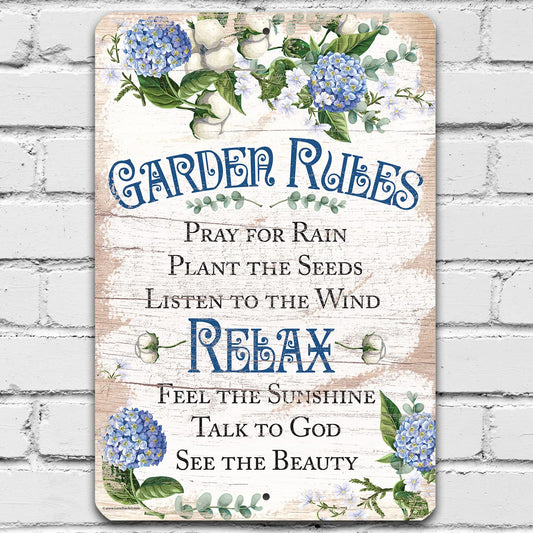 Garden Rules Metal Sign - Floral Garden Sign Decorative Outdoor, Greenhouse Display and Summer House Print, Backyard Religious Decor and Gift, 8x12 Use Indoors or Outdoors Durable Metal Sign