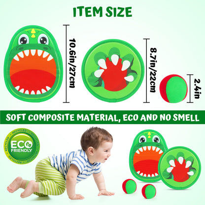 Billeeit 10.6 In Big Dinosaur Toss and Catch Ball Set, Catch Game Toys for Kids 3 4 5 6 7 8 9 10, Outdoor Yard Games Beach Toys for Family Outside Activities w/4 Big Rackets, 4 Balls, 1 Drawstring Bag