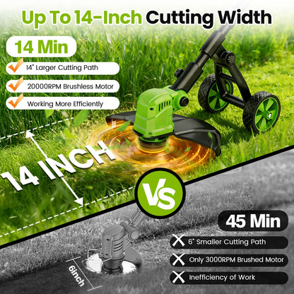 14" Electric String Trimmer Cordless Battery Powered Weed Eater with Wheel, 3-in-1 Cordless Grass Trimmer/Electric Weed Wacker/Edger, Weed Trimmer with 8 Replacement Spools for Garden, Lawn (Green)