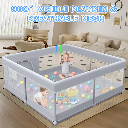 XVISHX Baby Playpen 50 x 50 Inch Play Pen Playards, Playpen for Babies and Toddlers, Baby Playard for Indoor & Outdoor Active Center Game Fence, with Skin-Friendly Fabric and Soft Breathable Mesh Grey