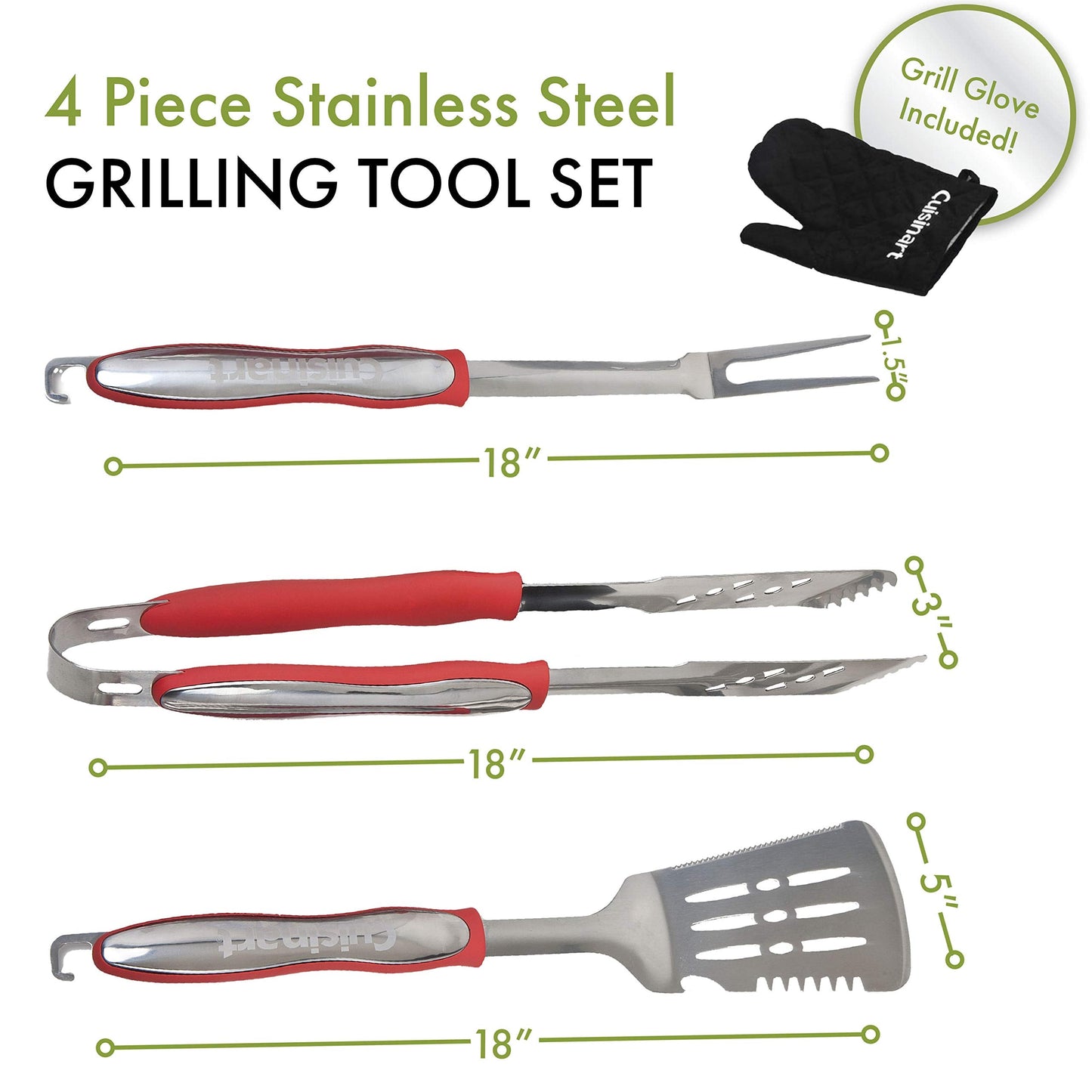 Cuisinart 3‑Piece Stainless Steel BBQ Grilling Tool Set with Grill Glove – Outdoor Grill Accessories, Perfect Grilling Gift for Men, Dads & Grill Masters, CGS-134