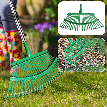 Adjustable Metal Leaf Rake Set – 25 Tines, 38-73" Handle, 19" Wide with 2 Pack 32-Gallon Leaf Bags & Scoops – Heavy Duty Garden Rake for Lawns, Shrubs, Grass, Flower Beds & Outdoor Use