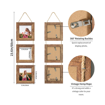 ccdcc 4x4 Collage Picture Frames Set of 2, Rustic Wooden Real Glass Vertical Hanging 3 Opening 4 by 4 Photo Frame, Rustic Brown