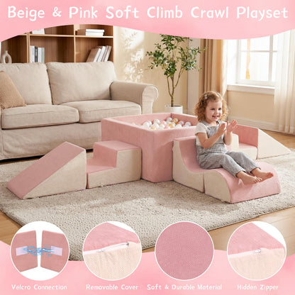 STAOLENE Soft Foam Climbing Blocks with Ball Pit, 6PCS Beige & Pink Indoor Climbing Toys for Toddler, Climb and Crawl Activity Play Set, Play Gym for Child Development (Balls not Included)