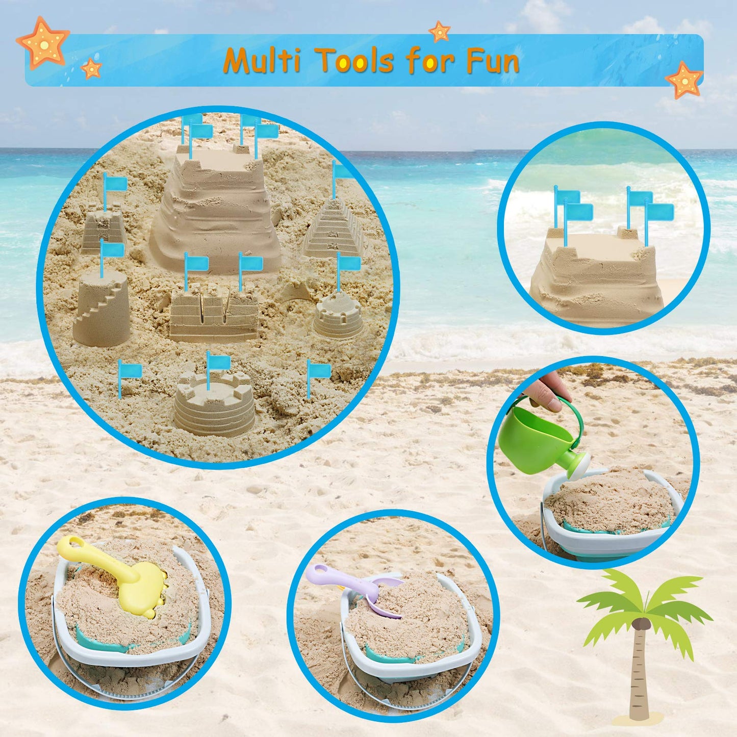 RACPNEL Beach Toys Sand Set for Kids, Collapsible Bucket and Shovels with Mesh Bag, Molds, Flags, Sandbox Kids Toddlers, Travel (Tavel Size)