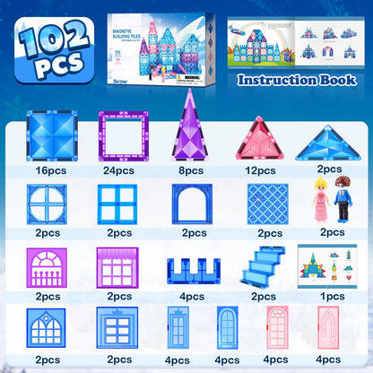 Magnetic Tiles 102pcs with 2 Stairs 2 Dolls Princess Castle Building Girls Toys Age 4-5 6-8 Magnetic Blocks Birthday Xmas Gifts for Girls Toys for 3 4 5 6 7 8+ Year Old