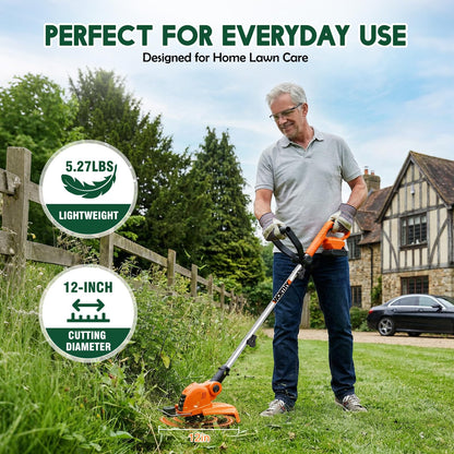 21V Weed Wacker Weed Eater: Electric String Trimmer and Edger 2in1 Lawn Tool Battery Powered 12 Inch Grass Cutter with 2Pack 2000mAh Batteries and Charger, Lightweight for Small Yard Garden Home Use
