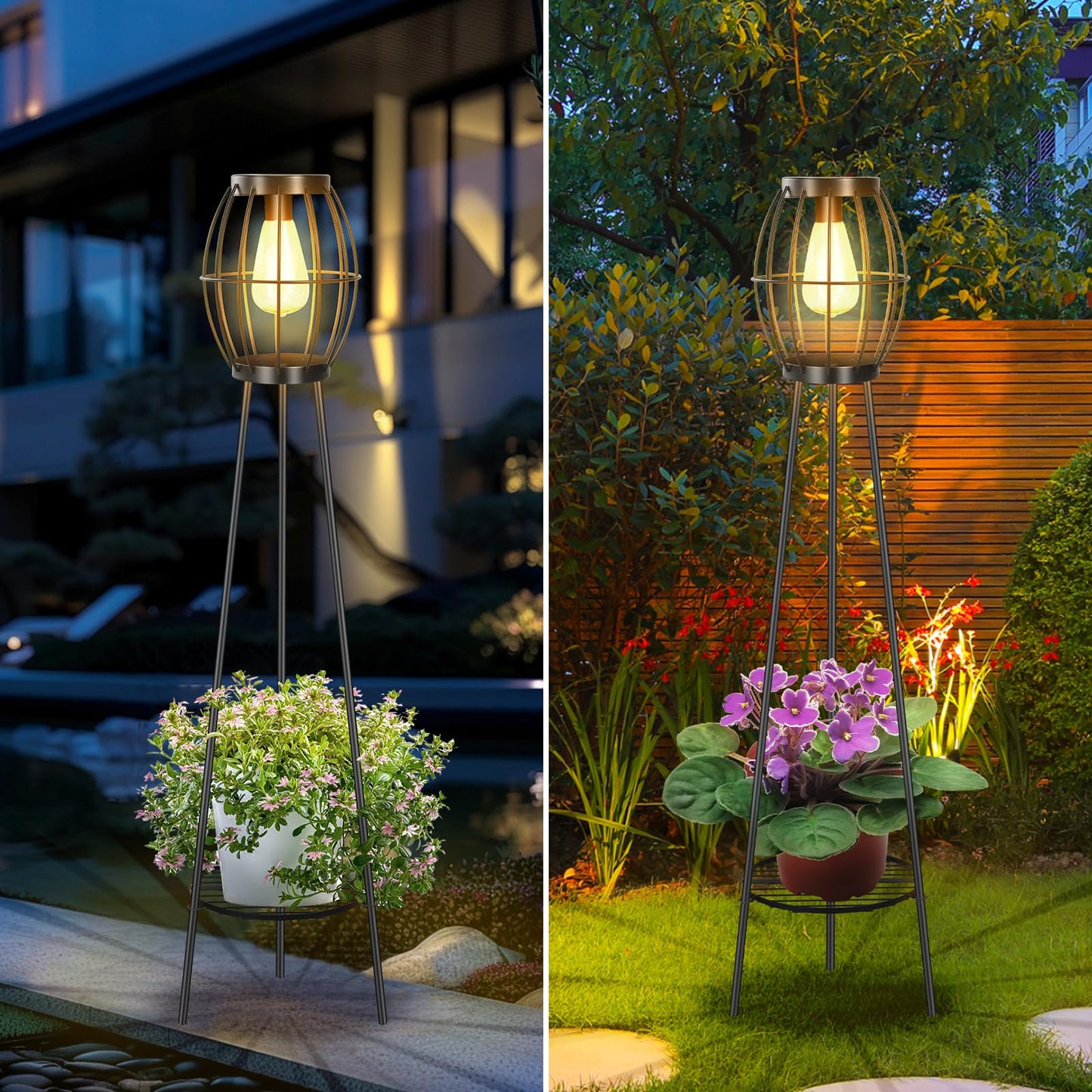 FQIIL 2 Pack Solar Lights Outdoor with Plant Stands, Solar Floor Lamp, Solar Powered Street Light Metal Tripod Deck Lights, Patio Decor for Garden Yard Pathway Driveway Porch