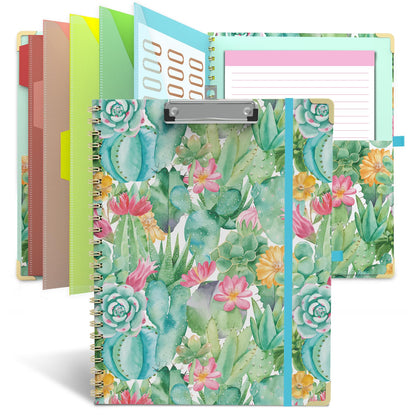 Clipboard Folder with Notepad Refillable Lined for Letter Size (11" x 8.5"), 5 Dividers with Storage 10 Pockets, Cute Spiral Foldable Clipboard with Metal Clip School Office Supplies(Cactus Flowers)