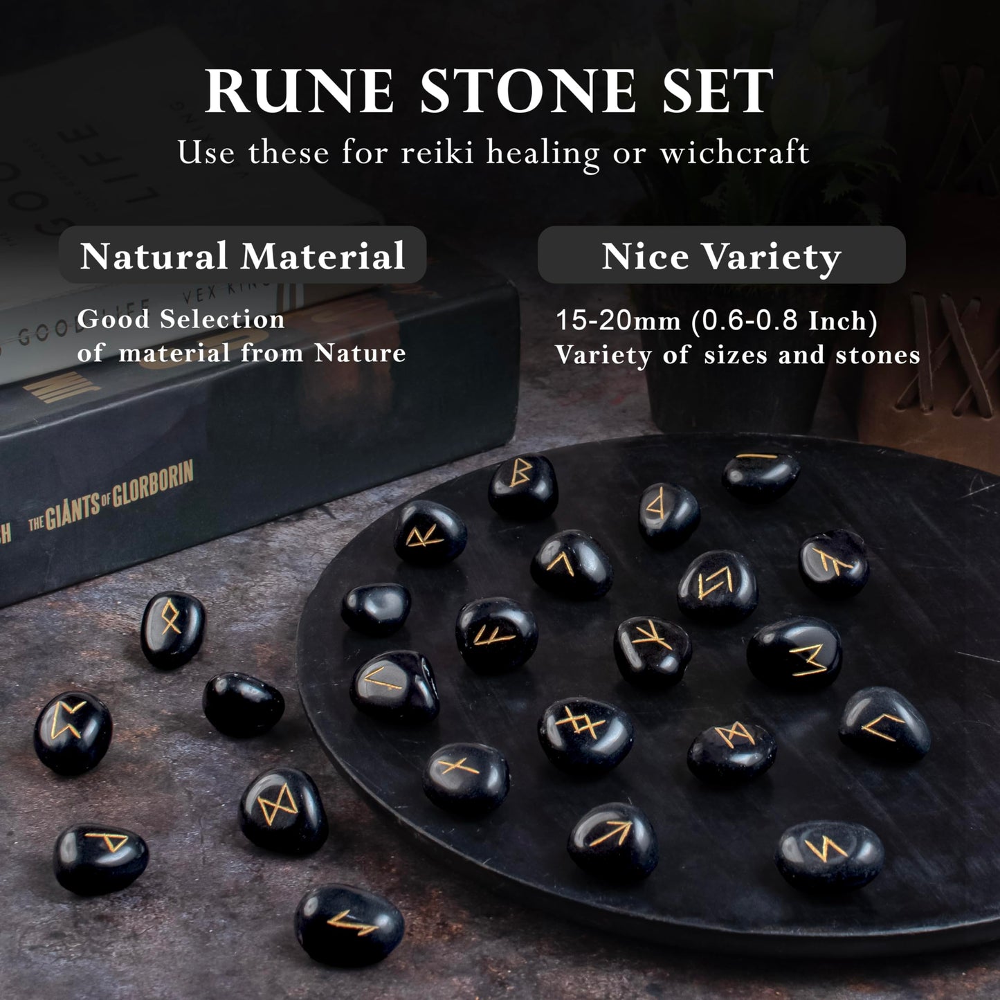 Crocon Black Tourmaline Gemstone Elder Futhark Alphabet Engraved Symbol Rune Stone 25 pcs Set for Feng Shui Chakra Balancing Reiki Healing Spiritual Metaphysical Size: 2025 mm