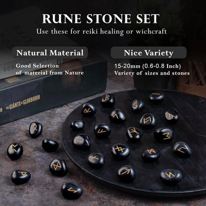 Crocon Black Tourmaline Gemstone Elder Futhark Alphabet Engraved Symbol Rune Stone 25 pcs Set for Feng Shui Chakra Balancing Reiki Healing Spiritual Metaphysical Size: 2025 mm