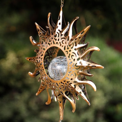 Yonxuleo Sun Solar Wind Chimes for Outside Lights Prefert Gifts for Mom Wife Unique Crackle Glass LED Warm Light Outdoor Hanging Decor Windchimes for Garden Yard Patio Christmas Birthday Mothers Day