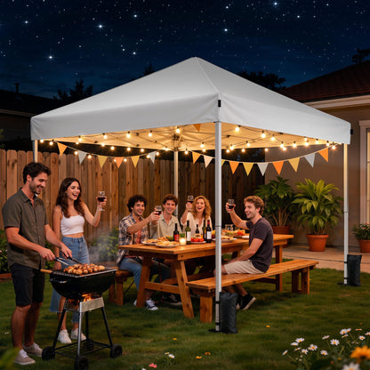 Driftalia 10x10 Pop Up Canopy Tent, Instant Setup Portable Canopy with Carry Bag, 4 Sandbags and 8 Stakes for Outdoor Events, Parties & Camping - White