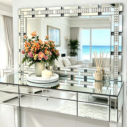Chende Crystal Large Wall Mirror for Decor, Rectangular Large Living Room Mirror with Beveled Edge and Glass Frame, Entrance, Fireplace, Home Office, Horizontal/Vertical Hanging, 32" x 47"