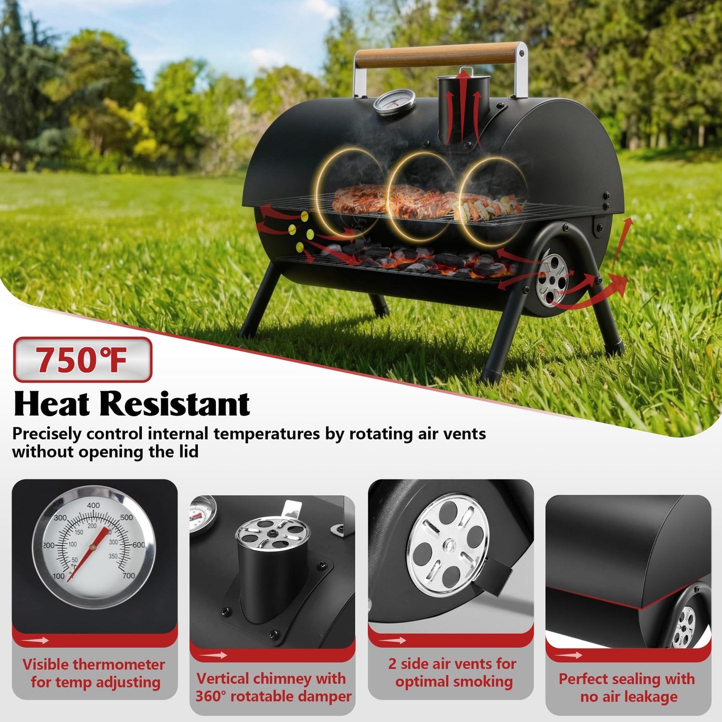Portable Charcoal Grill with Thermometer, HaSteeL Small Tabletop Barbecue Grill Smoker for Outdoor Camping Backyard Beach BBQ, 117 Square Inches Cooking Area, Thick Steel, Screwdriver, Black