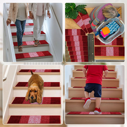OLANLY Stair Treads Non Slip 15PCS, 8" x 30" Indoor Stair Runners for Wooden Steps, Edging Stair Rugs with Reusable Peel and Stick Adhesive for Kids Elders and Pets, Burgundy