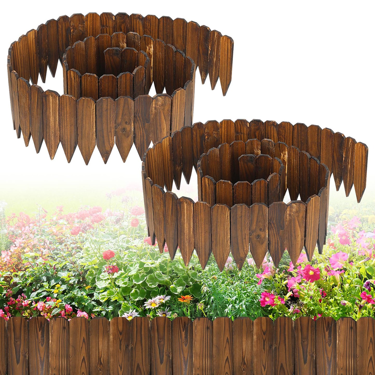 Rustic Pine Wood Garden Fence - 26.2ft Total Length (2pcs 13.1ft L*12in H) Easy to Install Sturdy Wooden Landscape Edging Border, No Fading Planter Fencing for Yard Flower Bed Lawns Pathway Tree