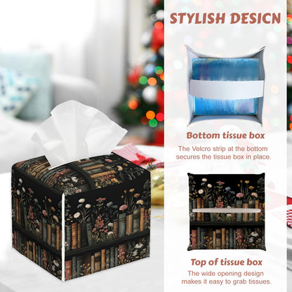 2 Pcs Floral Bookshelf Tissue Box Cover Leather Tissue Box Holder Square Facial Paper Organizer Dispenser for Bedroom Dresser Night Stand Office Desk