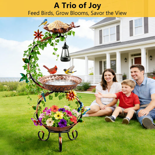 YOFOVI Metal Bird Bath for Outside, 3 in 1 Large Bird Birdbaths for Outdoors with Solar Lamp & Flower Planter Pedestal, Vintage Freestanding Bird Feeder Water Bowl for Garden Yard Lawn Decor, Bronze