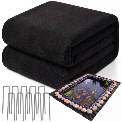 Fanfanwin 20 x 20 ft Pond Liner Underlayment 6oz Heavy Duty Black Non Woven Geotextile Underlayment Fabric with 10 U-pins for Outdoor Pond Streams Fountains Garden Waterfalls Fishpond Weed Barrier