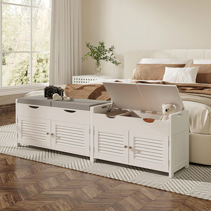 ChooChoo Shoe Storage Bench with Lift Top Storage, Entryway Bench with 2 Cushioned Seats, 3 Compartments, Adjustable Shelf, Shoe Cabinet for Entryway, Bedroom, Living Room, White