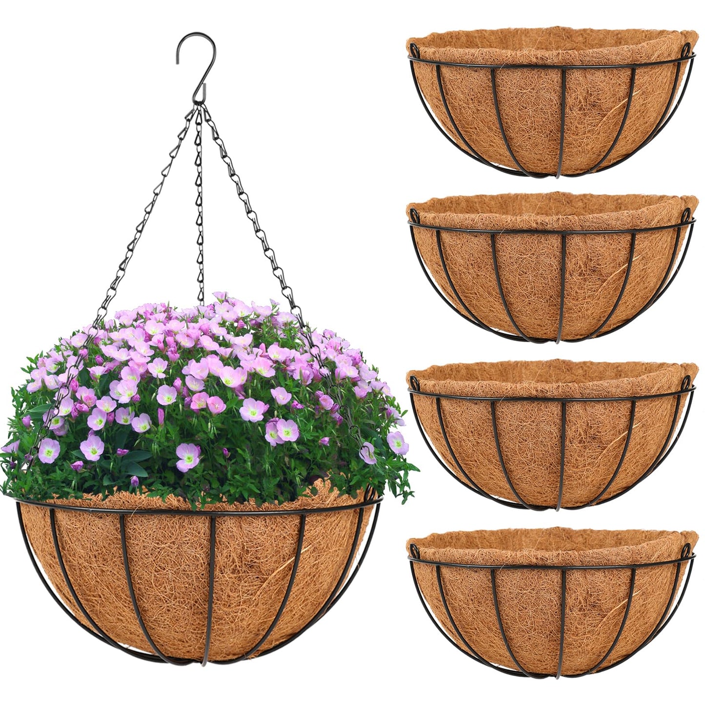 HKZ Hanging Basket Planter Plants Outdoor - 4 Pack 12 Inch Metal Hanging Planter with Coco Liners, Chain Hook Hanging Flower Pots for Indoor Outdoor Garden Porch Decoration