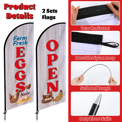 2 Sets Farm Fresh Eggs Feather Flag for Businesses Fresh Eggs Themed Swooper Banner Sign with Carbon Fiber Pole and Ground Stake Portable Bag Advertising Flag Banner for Business Advertising Outside