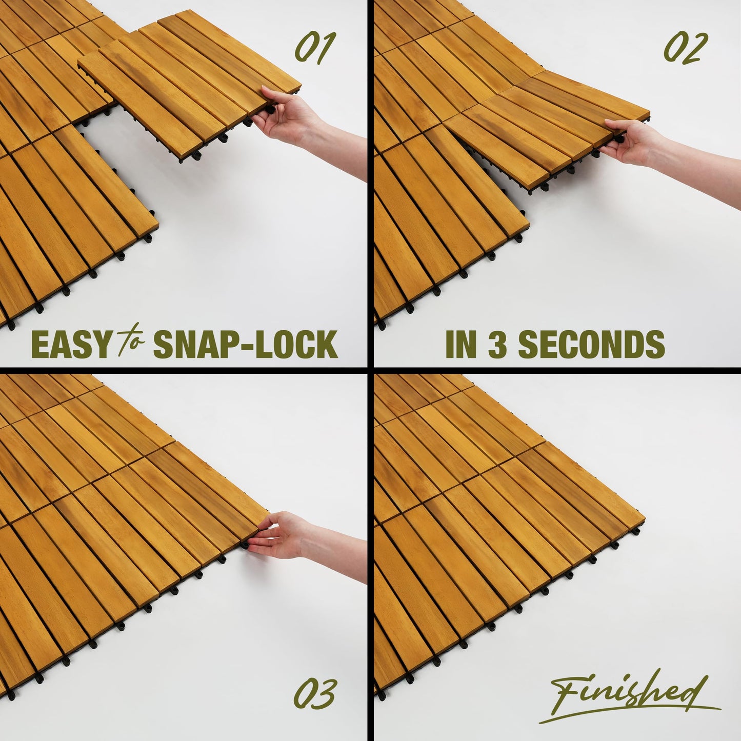 GREEN ALLUVIUM Premium Acacia Wood Interlocking Deck Tiles, 9 PCS 12"x12"x0.9" Floor Tiles, Waterproof Wood Flooring for Backyard & Outdoor Patio Decor, All Weather Use (Golden Teak – Striped Pattern)