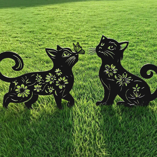 Rioneta Metal Cat Garden Decor for Outside (2 Pack), 14 Inch Yard Art Stakes,Unique Cat Gifts for Kitty Lovers, Outdoor Lawn Statues and Weather Resistant Yard Art