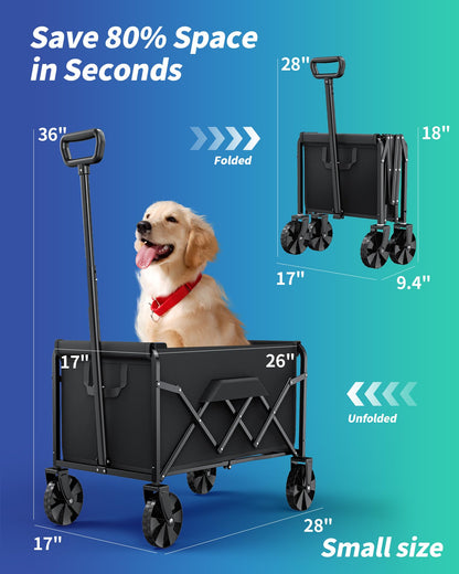 Kitsure Collapsible Wagon with Wheels, Foldable Dog Wagon Carts with 200lbs Load Capacity, Utility Shopping Cart, Black, 28.0" x 17.0" x 36.0"