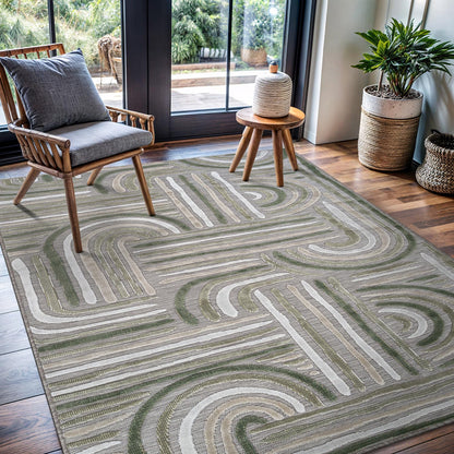 CAMILSON Indoor Outdoor Rug, Beige 5x7 Geometric Arch Striped Area Rugs for Patio and Home Areas, Easy-Cleaning Non-Shedding Living Room, Garden and Deck Washable Outside Carpet (5 x 7)
